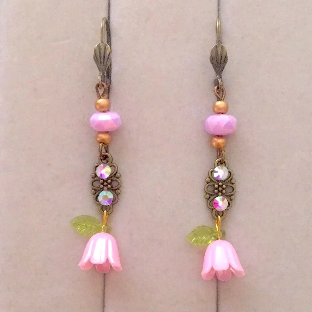 Aurora Borealis Crystal + Antique Brass Gold Pink Flower Boho Drop Earrings